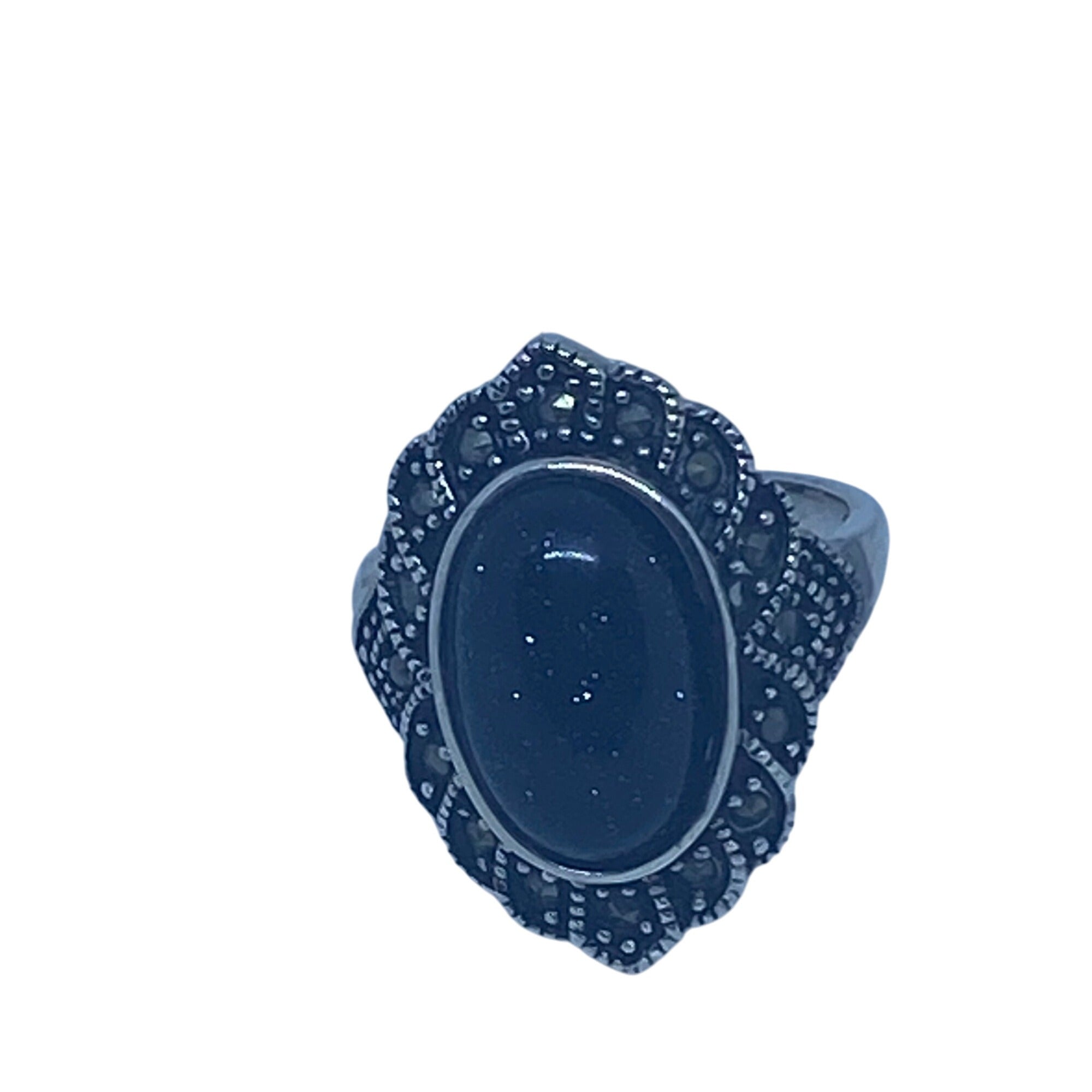 Marcasite Oval Dark Blue Stone Ring Tibetan Sliver Base 10x16mm Size 8