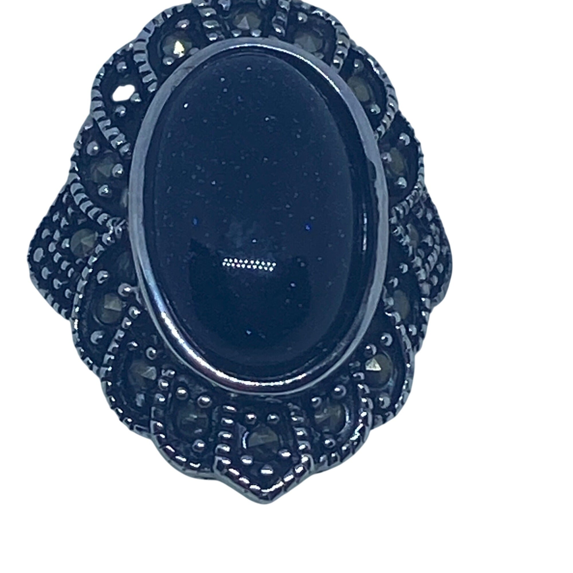 Marcasite Oval Dark Blue Stone Ring Tibetan Sliver Base 10x16mm Size 8