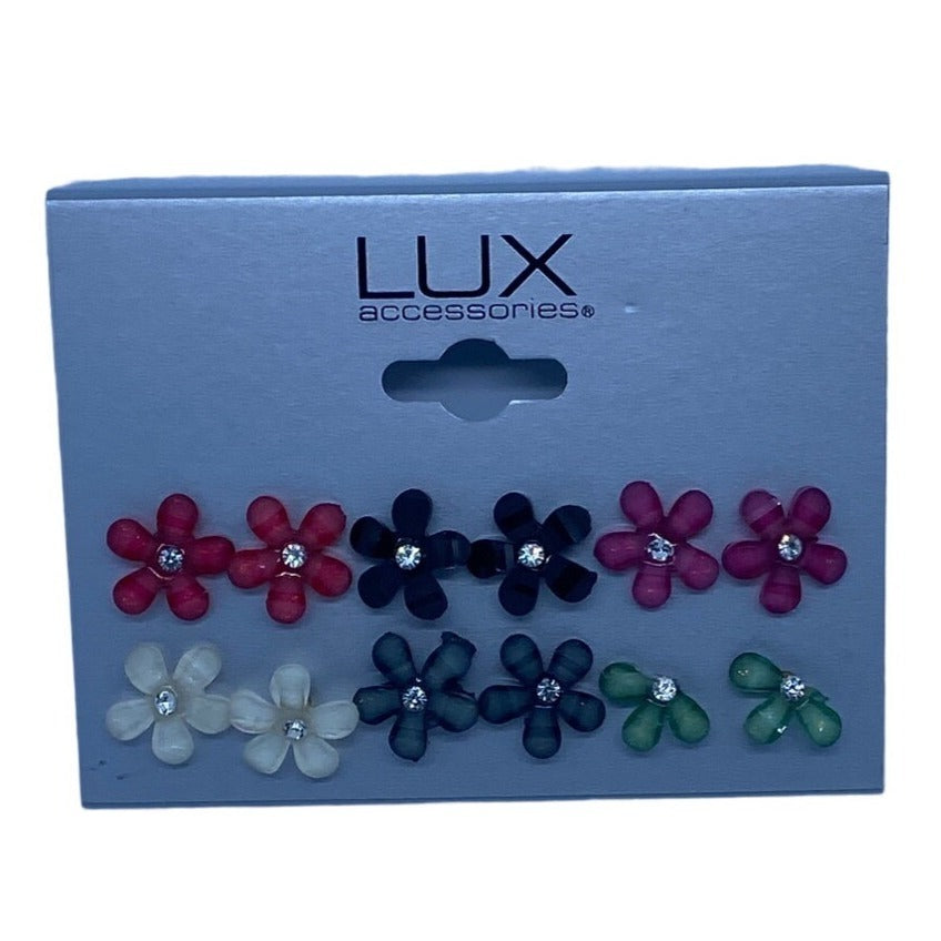 Lux Accessories Floral Stud Earrings Set In Multicolor With Rhinestones Flower Design 6 Pairs
