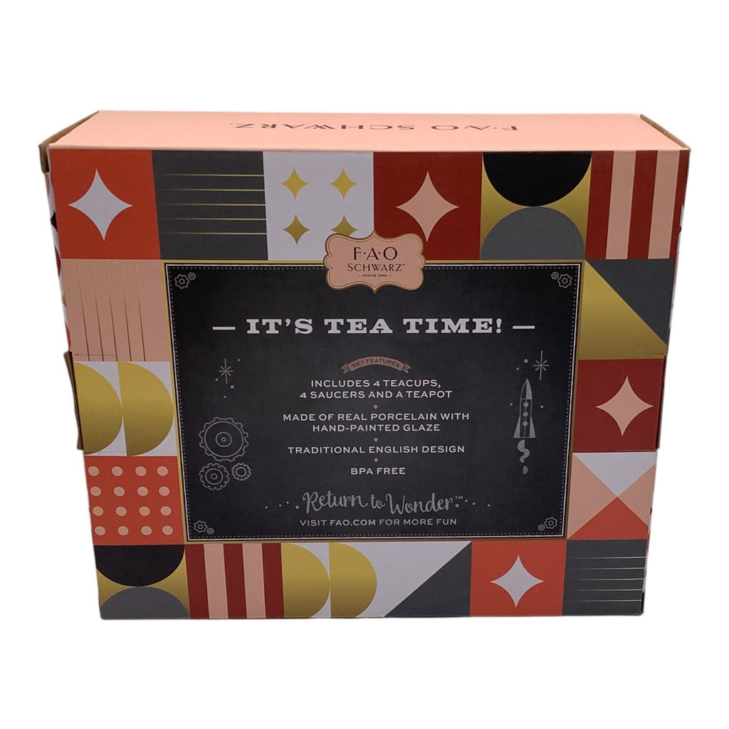 FAO Schwarz 9-Piece Ceramic Tea Party Set For Kids Hand Glazed Porcelain Teapot
