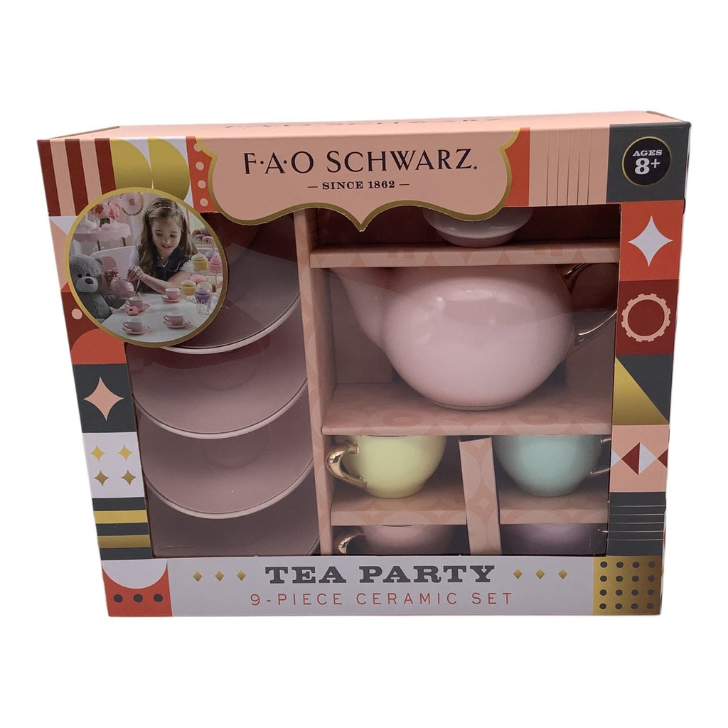 FAO Schwarz 9-Piece Ceramic Tea Party Set For Kids Hand Glazed Porcelain Teapot