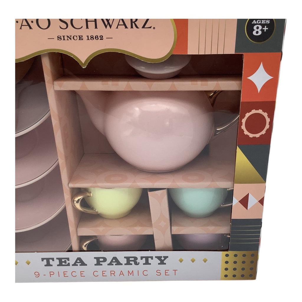 FAO Schwarz 9-Piece Ceramic Tea Party Set For Kids Hand Glazed Porcelain Teapot