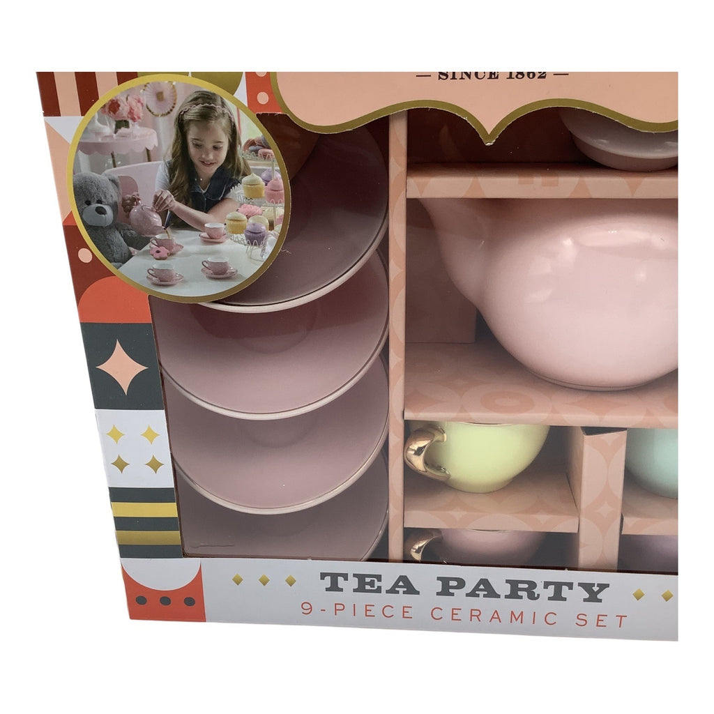 FAO Schwarz 9-Piece Ceramic Tea Party Set For Kids Hand Glazed Porcelain Teapot