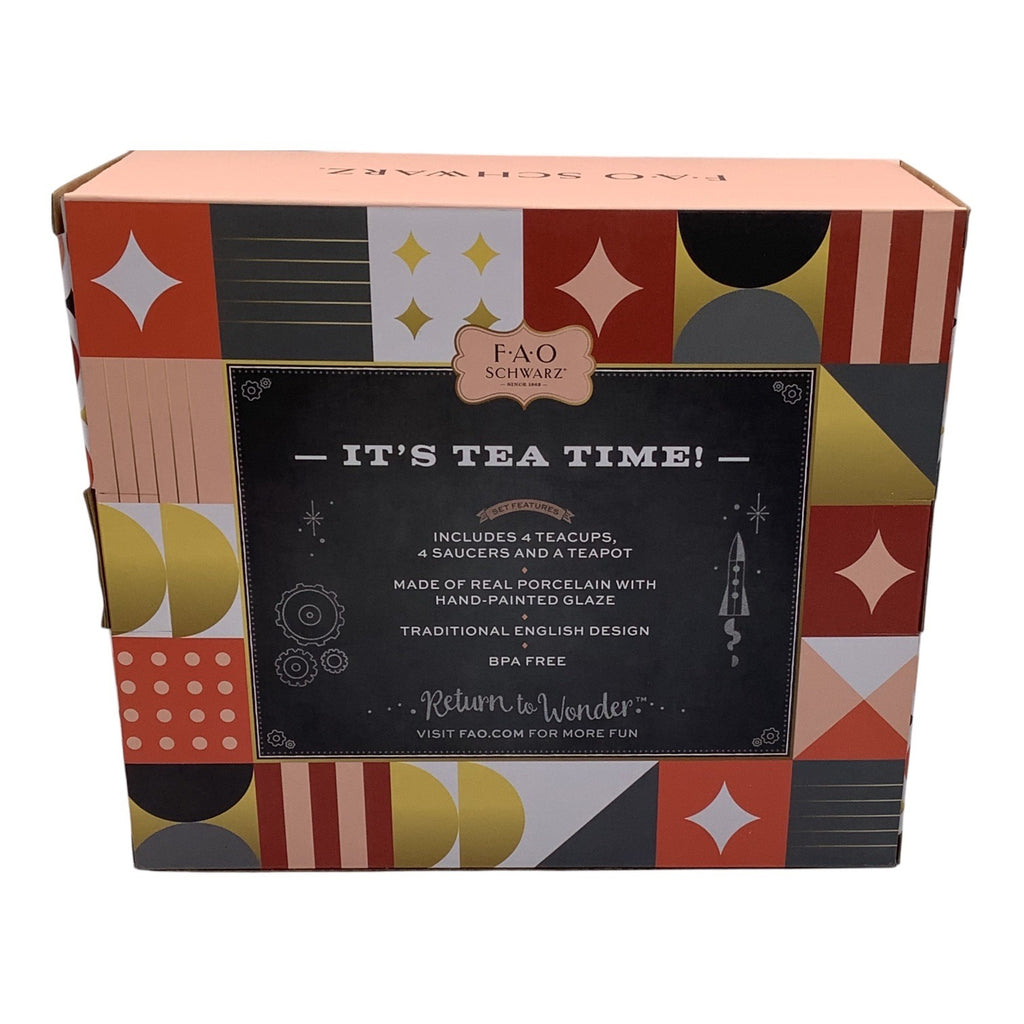 FAO Schwarz 9-Piece Ceramic Tea Party Set For Kids Hand Glazed Porcelain Teapot