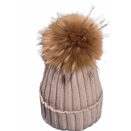 Winter Womens Stretch Knit Beanie Hat Faux Fur Pom Pom Beige Warm Ribbed Fold
