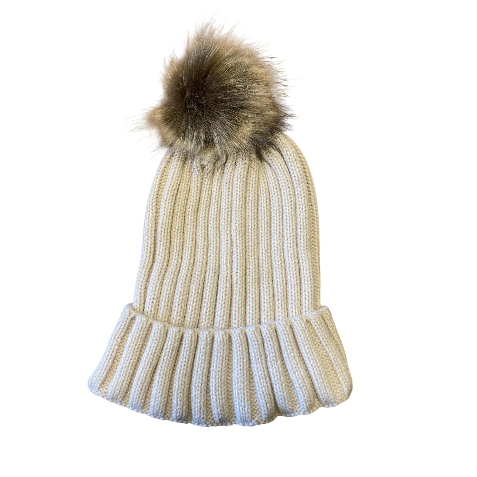 Winter Womens Stretch Knit Beanie Hat Faux Fur Pom Pom Beige Warm Ribbed Fold