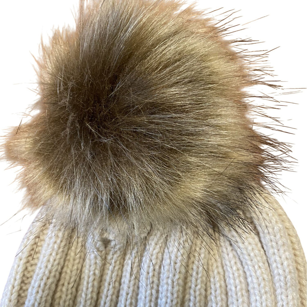 Winter Womens Stretch Knit Beanie Hat Faux Fur Pom Pom Beige Warm Ribbed Fold