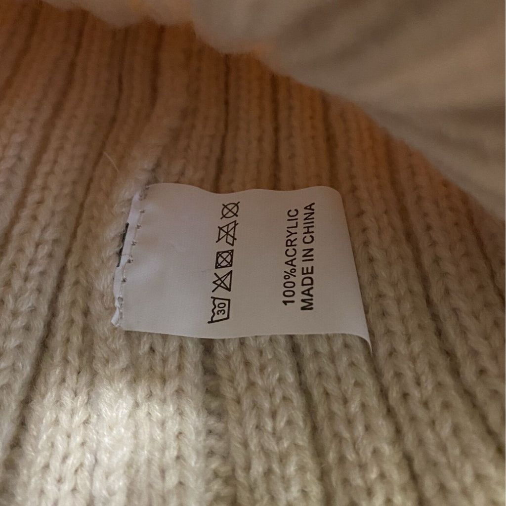 Winter Womens Stretch Knit Beanie Hat Faux Fur Pom Pom Beige Warm Ribbed Fold