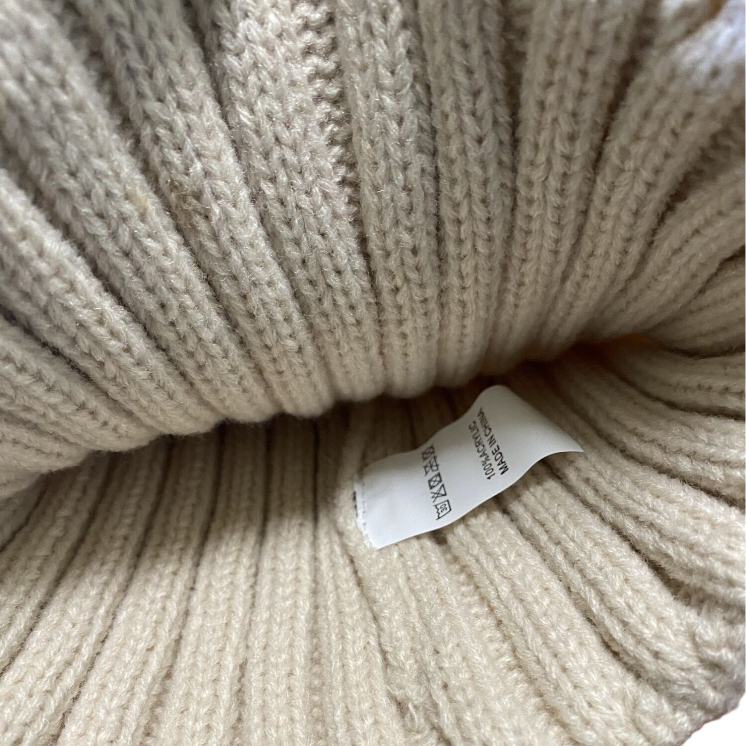 Winter Womens Stretch Knit Beanie Hat Faux Fur Pom Pom Beige Warm Ribbed Fold