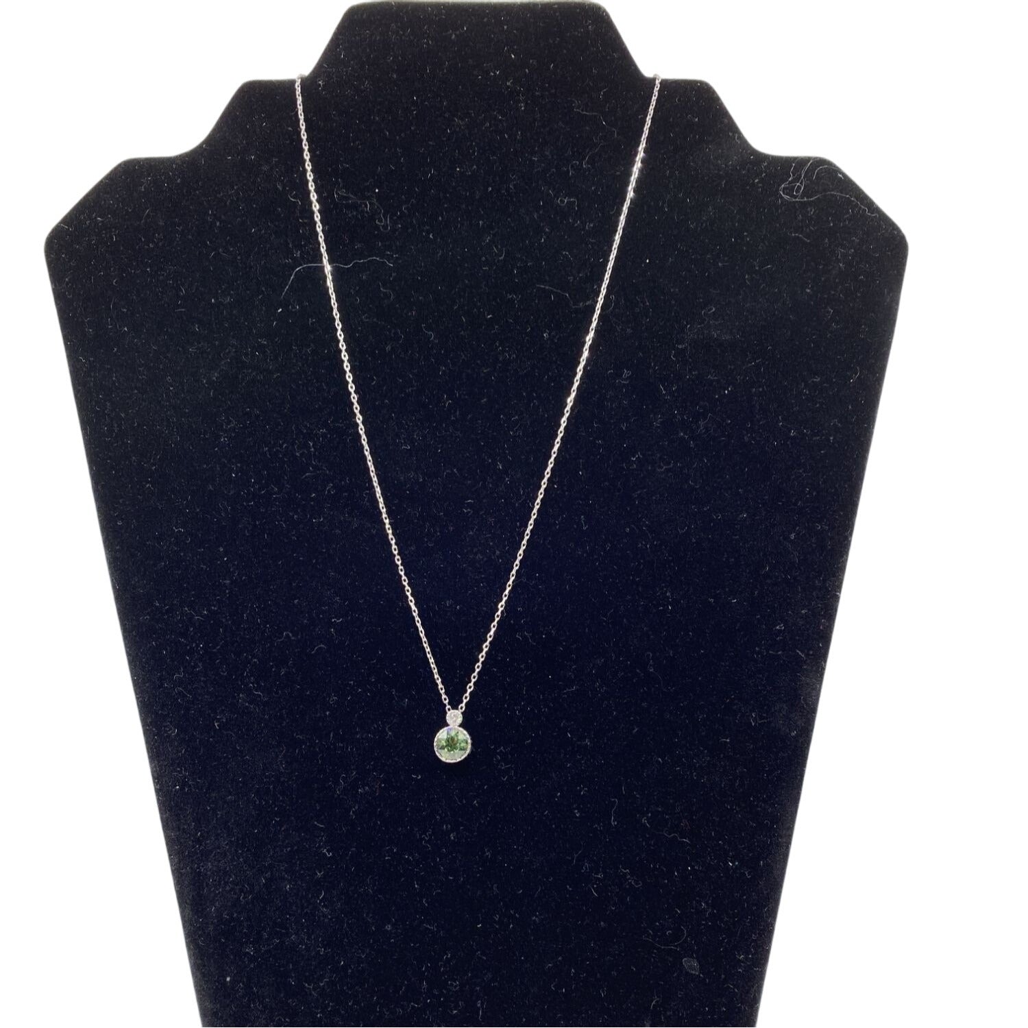 Sterling Silver S925 Necklace With Round Green Crystal Pendant & Clear Accent Stone