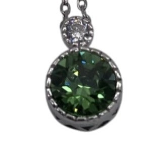 Sterling Silver S925 Necklace With Round Green Crystal Pendant & Clear Accent Stone