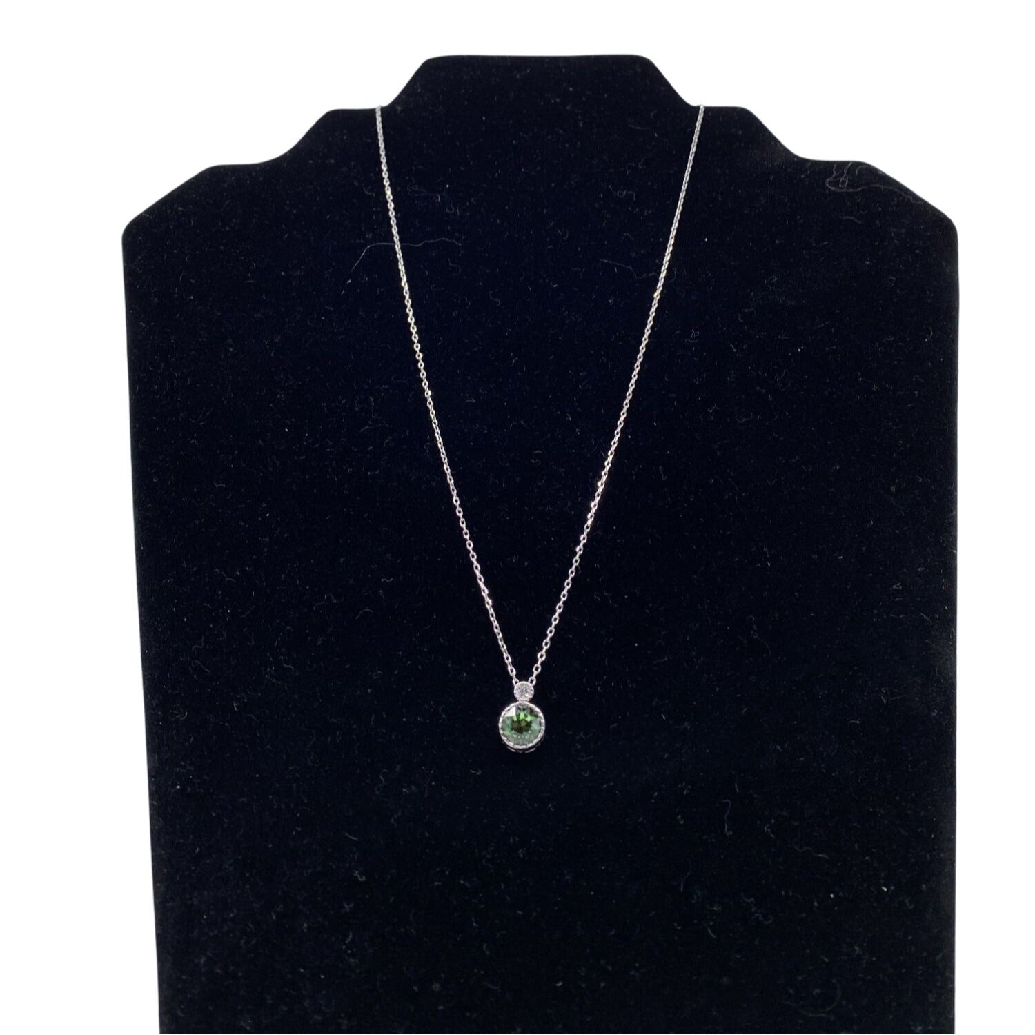 Sterling Silver S925 Necklace With Round Green Crystal Pendant & Clear Accent Stone