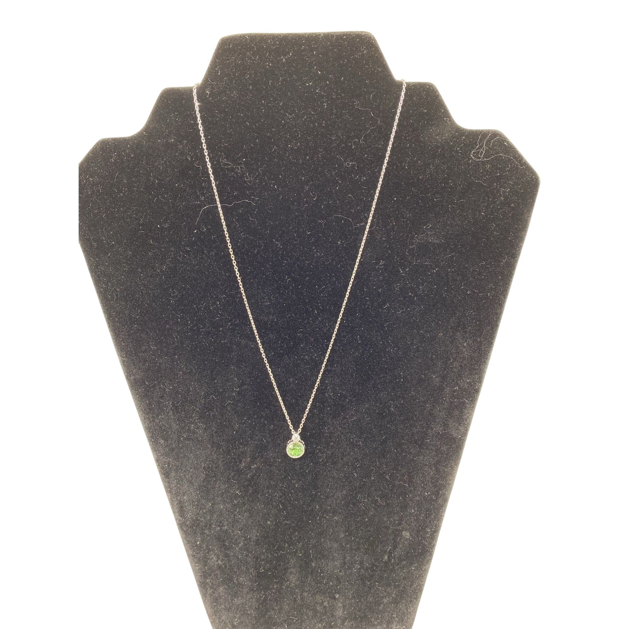 Sterling Silver S925 Necklace With Round Green Crystal Pendant & Clear Accent Stone