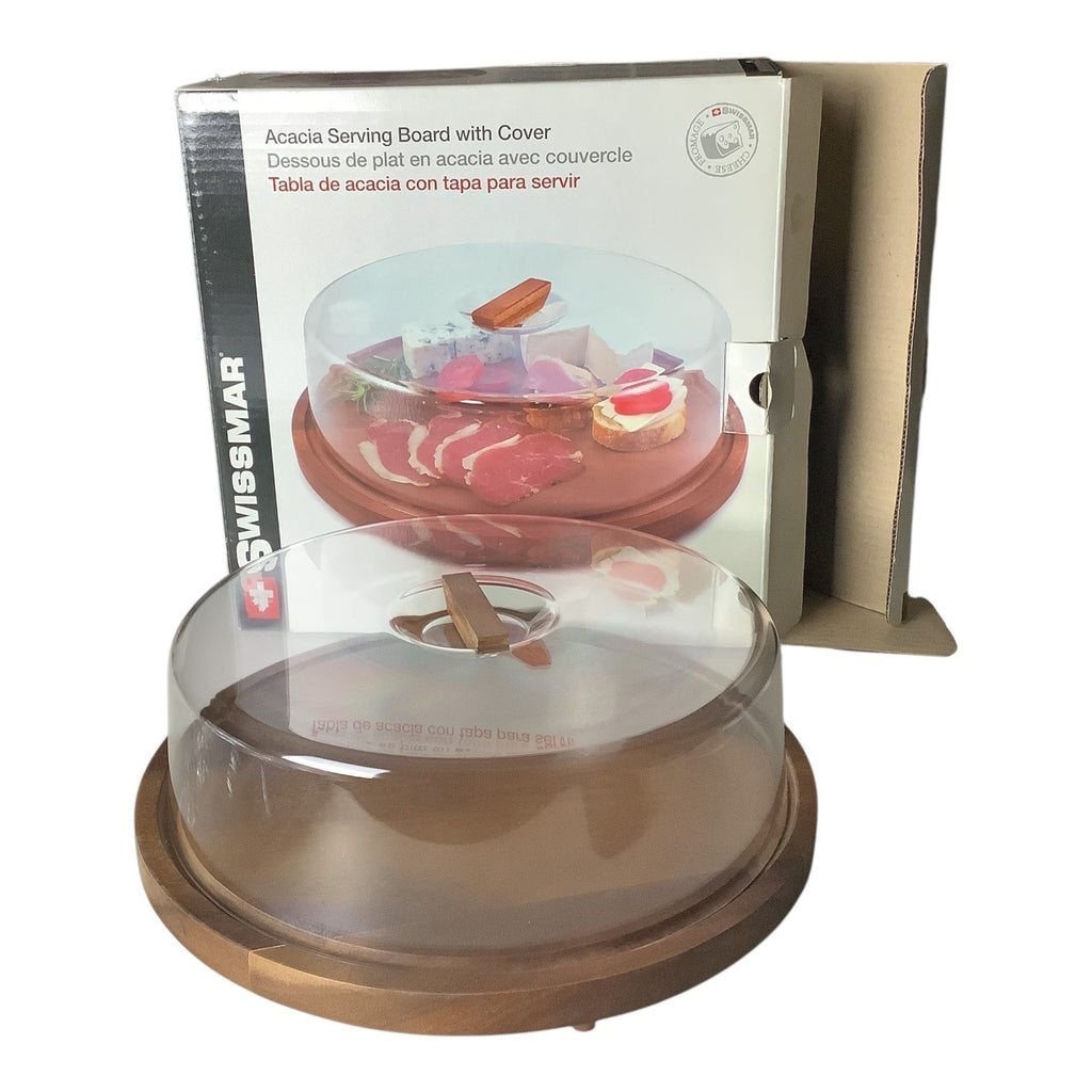Swissmar Acacia Round Serving Board With Clear Serving Dome Cover