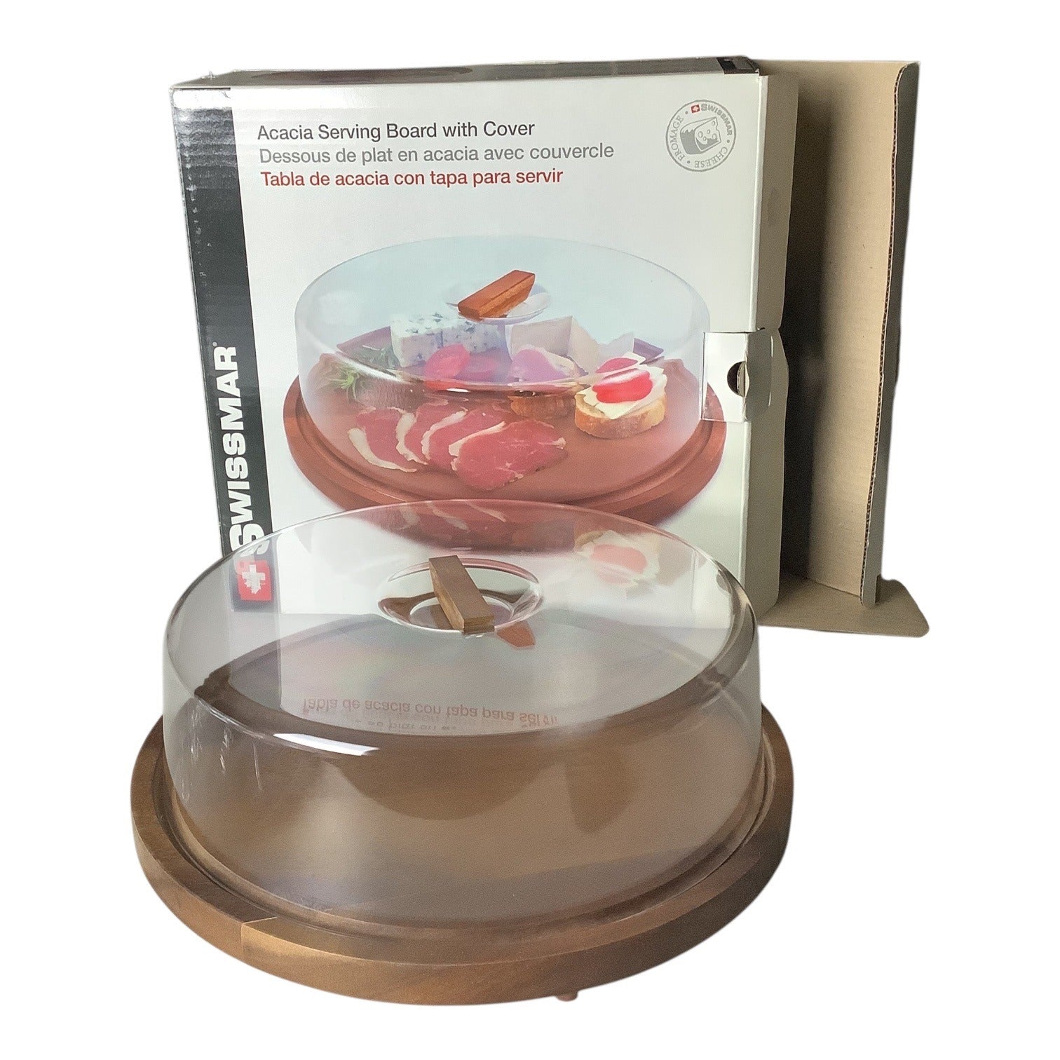 Swissmar Acacia Round Serving Board With Clear Serving Dome Cover