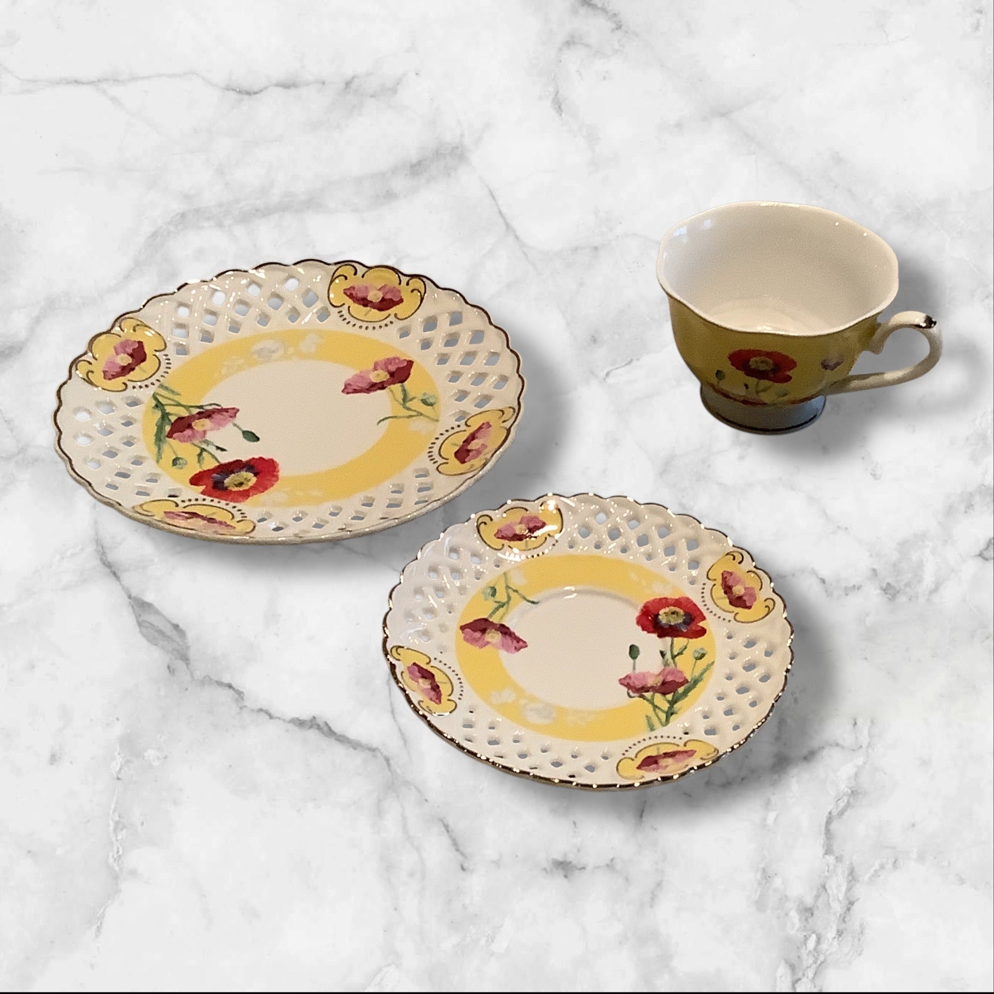 Grace Teaware Poppy Floral Cup & Lattice Saucer Set With Salad Plate 3pc Set