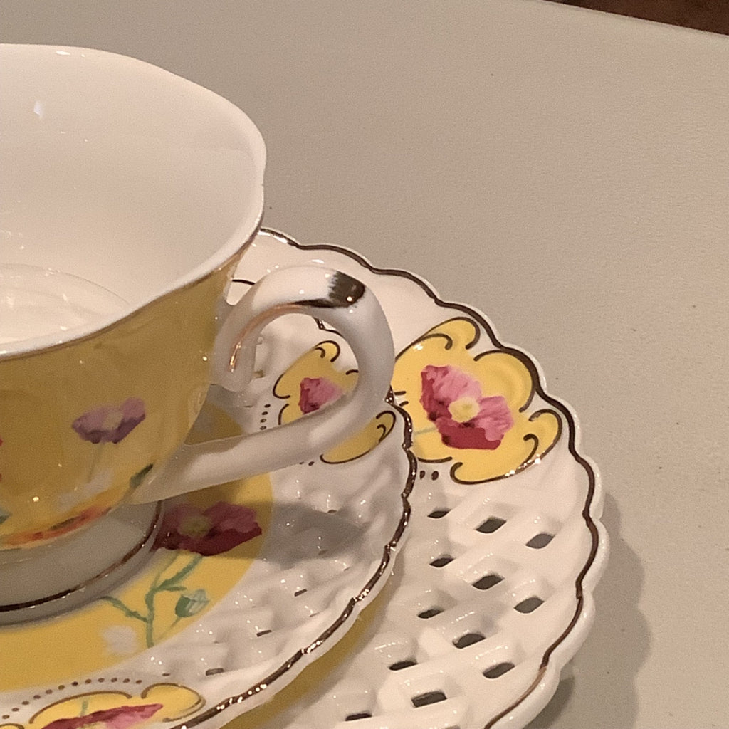 Grace Teaware Poppy Floral Cup & Lattice Saucer Set With Salad Plate 3pc Set