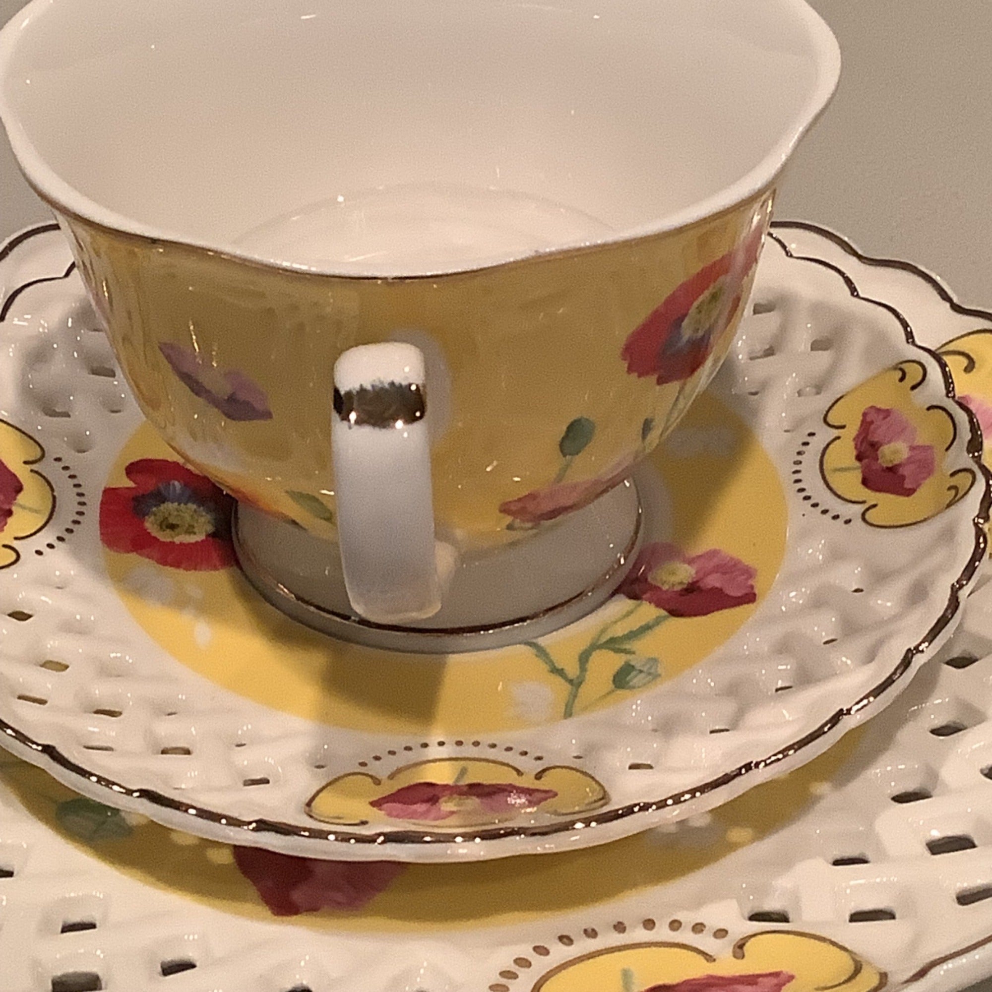 Grace Teaware Poppy Floral Cup & Lattice Saucer Set With Salad Plate 3pc Set