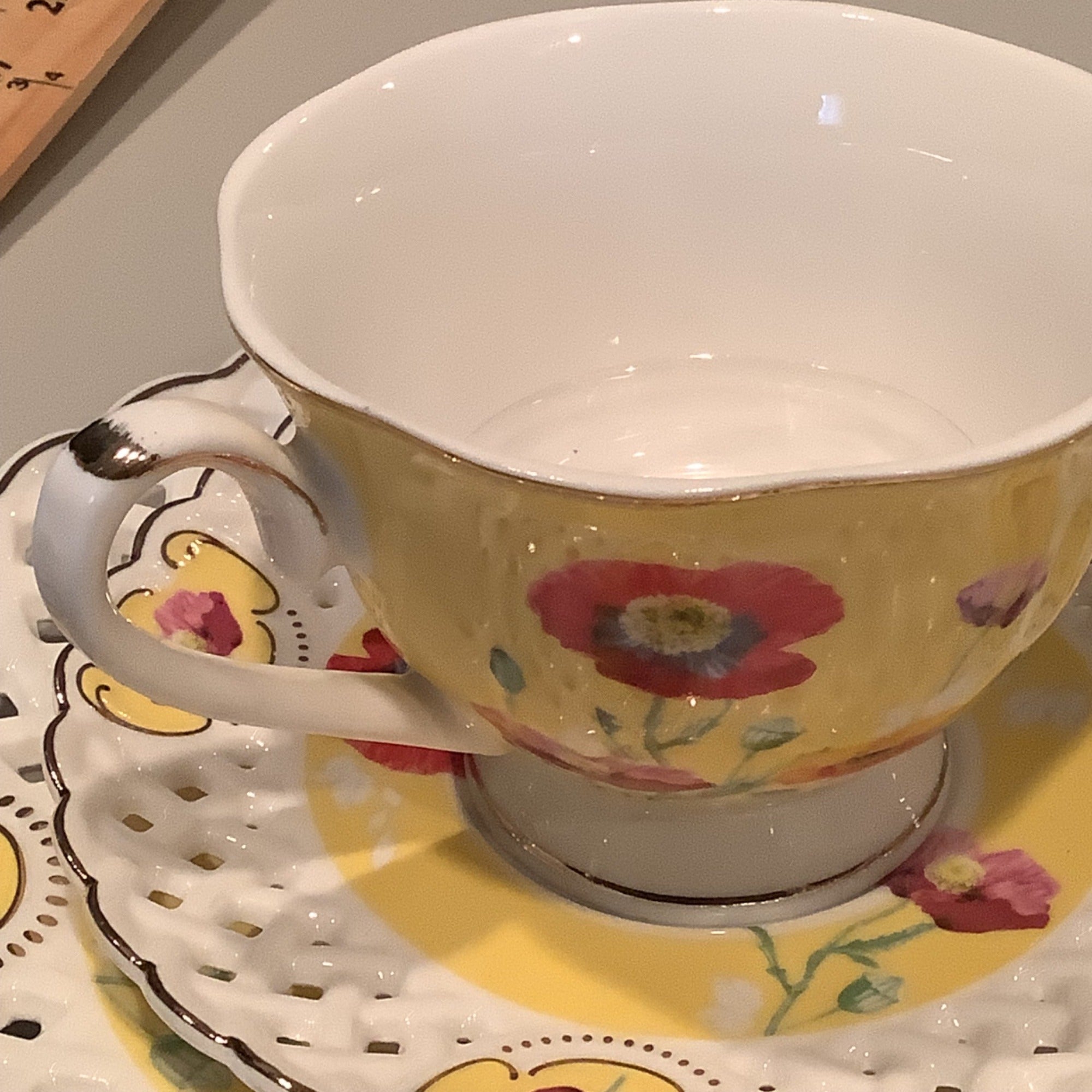 Grace Teaware Poppy Floral Cup & Lattice Saucer Set With Salad Plate 3pc Set