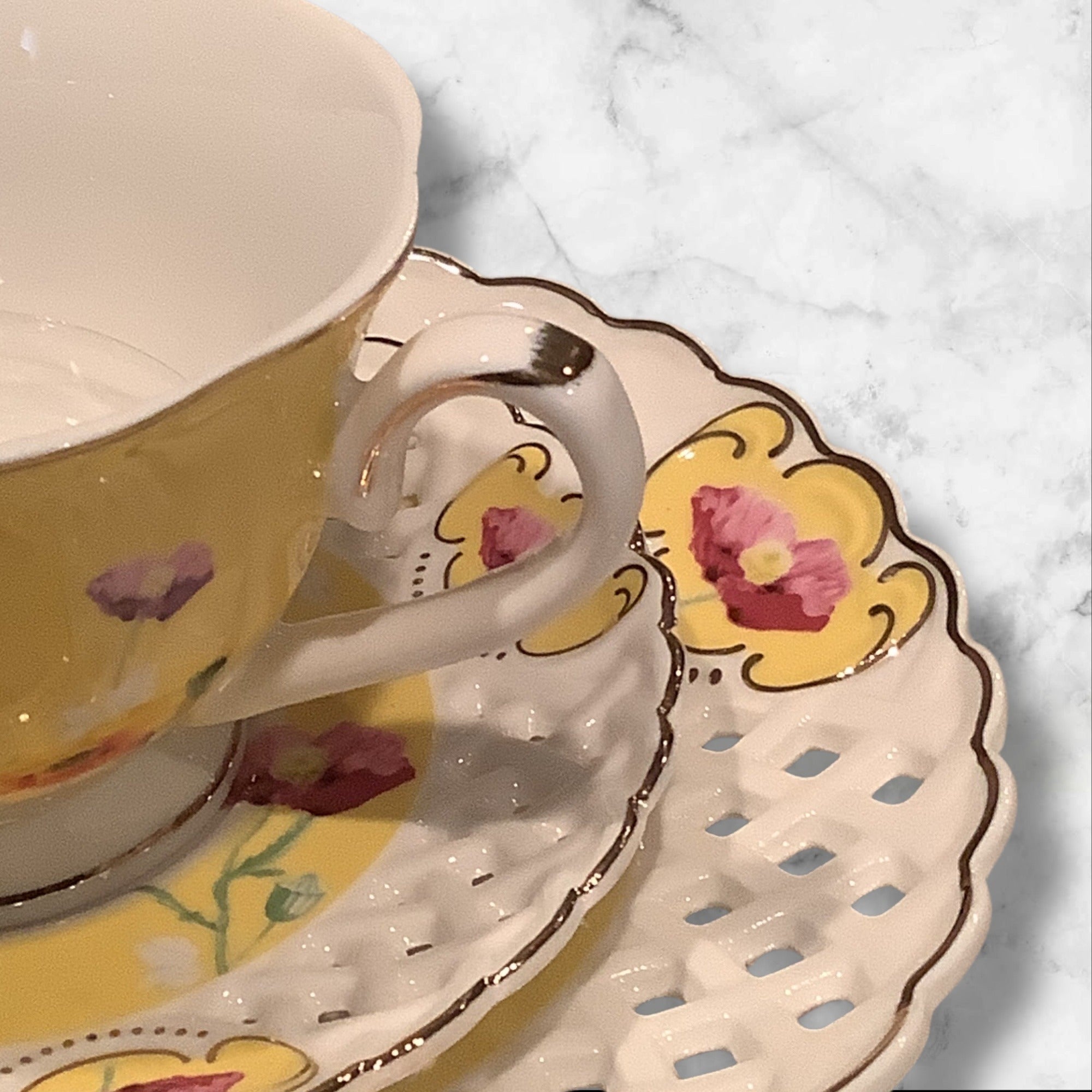 Grace Teaware Poppy Floral Cup & Lattice Saucer Set With Salad Plate 3pc Set