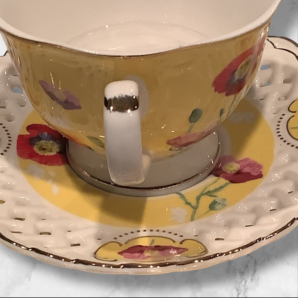 Grace Teaware Poppy Floral Cup & Lattice Saucer Set With Salad Plate 3pc Set