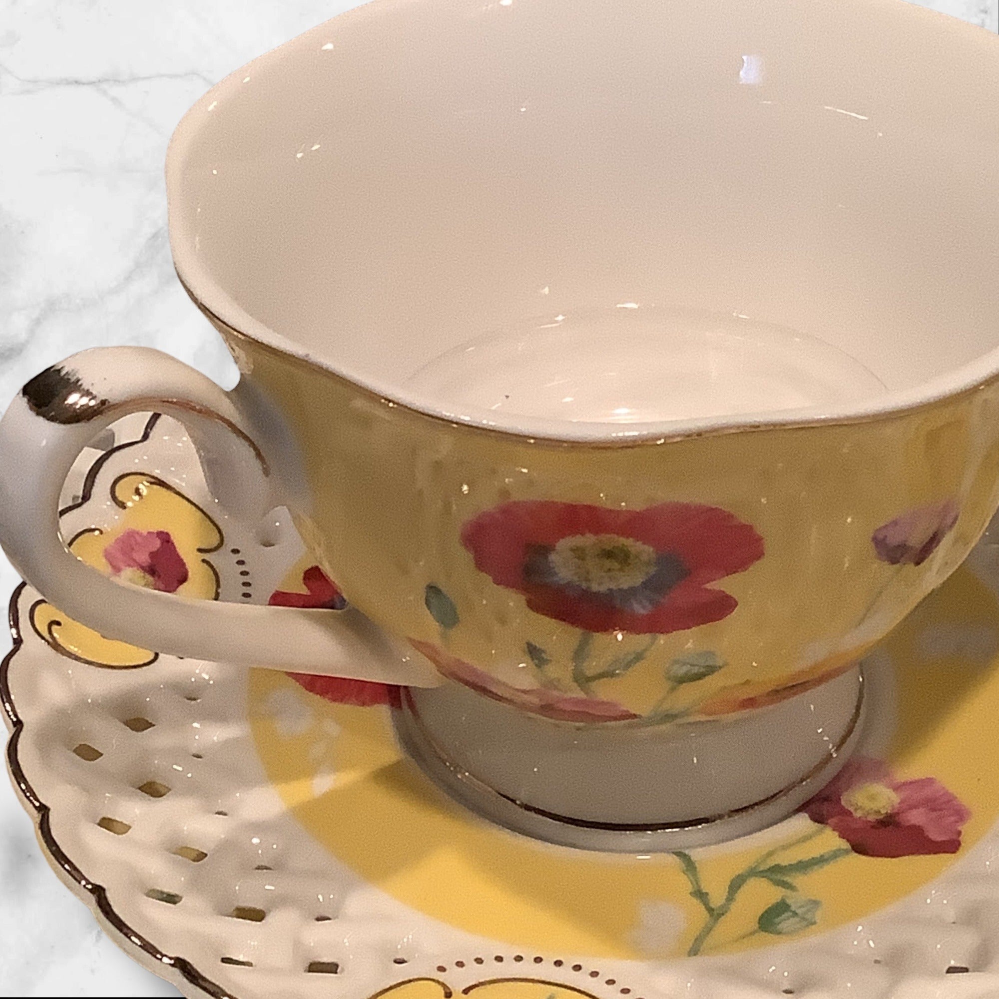 Grace Teaware Poppy Floral Cup & Lattice Saucer Set With Salad Plate 3pc Set