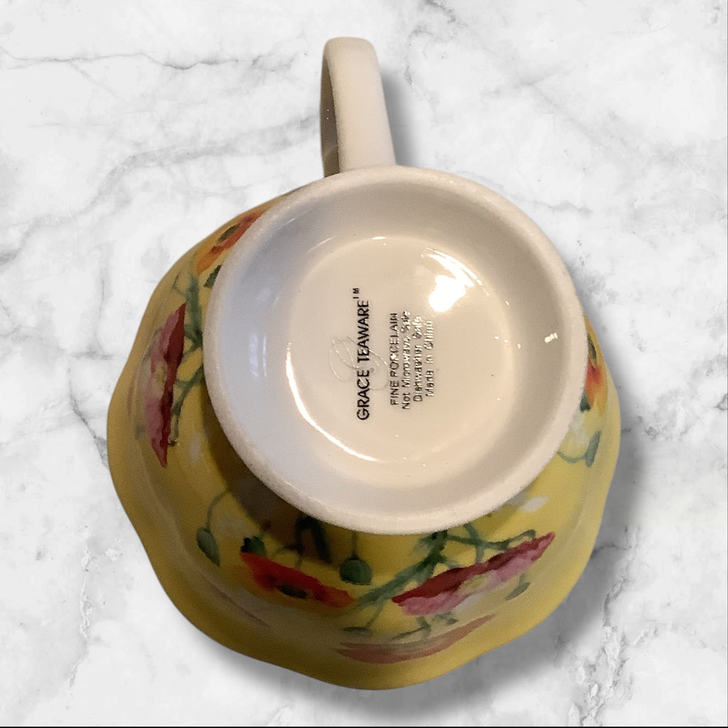 Grace Teaware Poppy Floral Cup & Lattice Saucer Set With Salad Plate 3pc Set