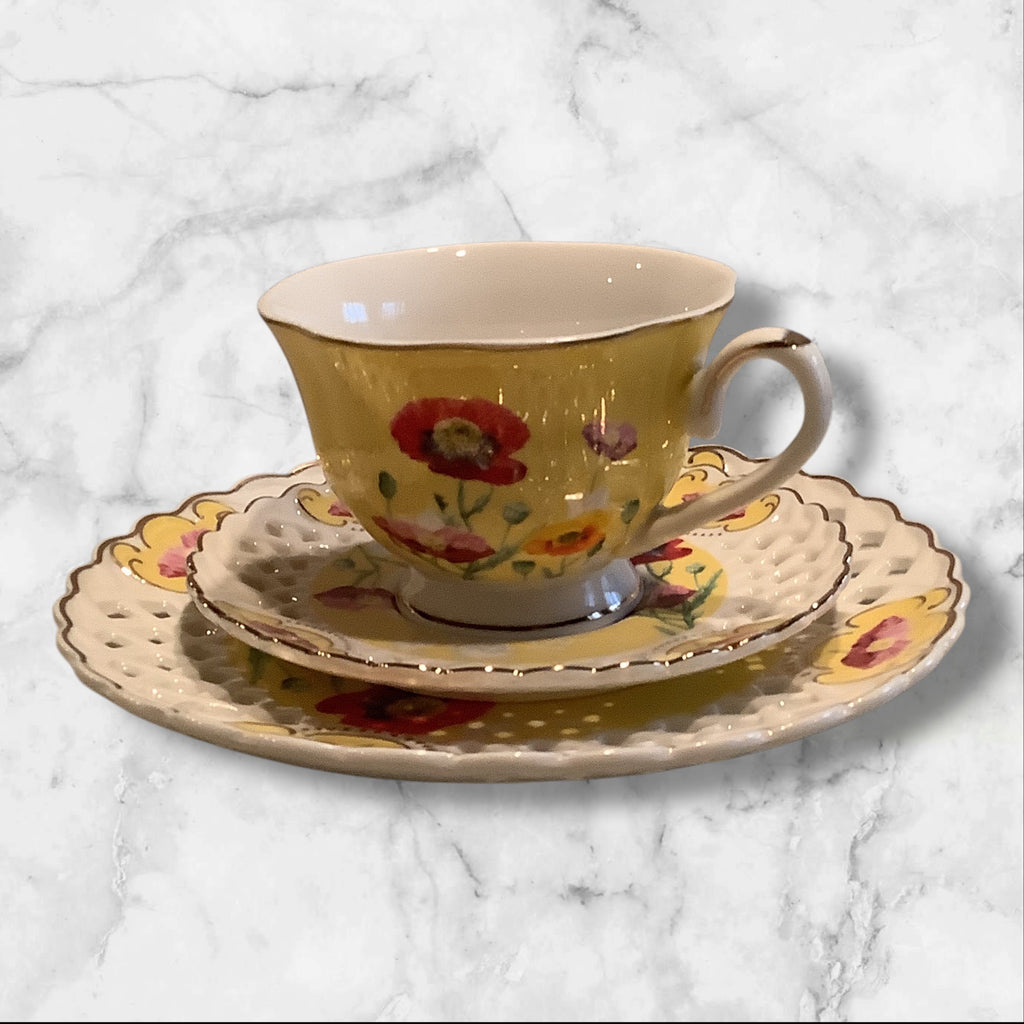 Grace Teaware Poppy Floral Cup & Lattice Saucer Set With Salad Plate 3pc Set