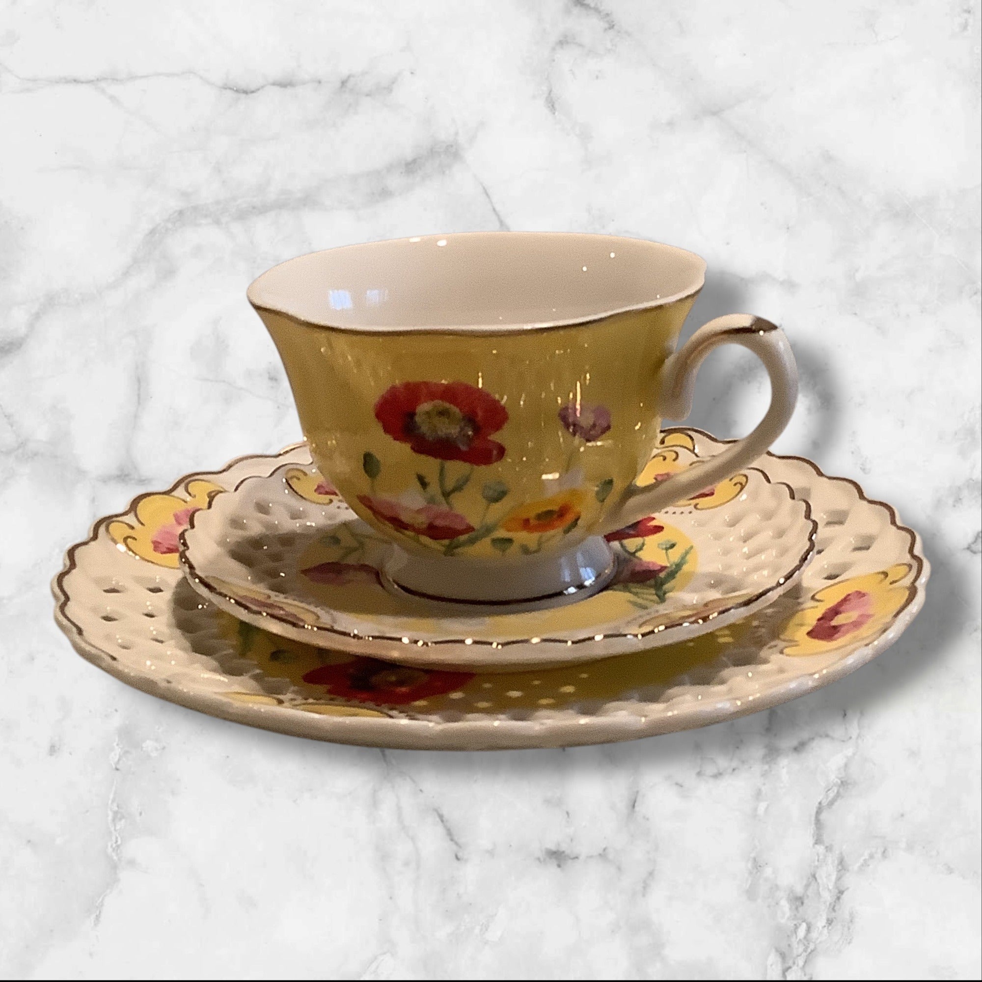 Grace Teaware Poppy Floral Cup & Lattice Saucer Set With Salad Plate 3pc Set