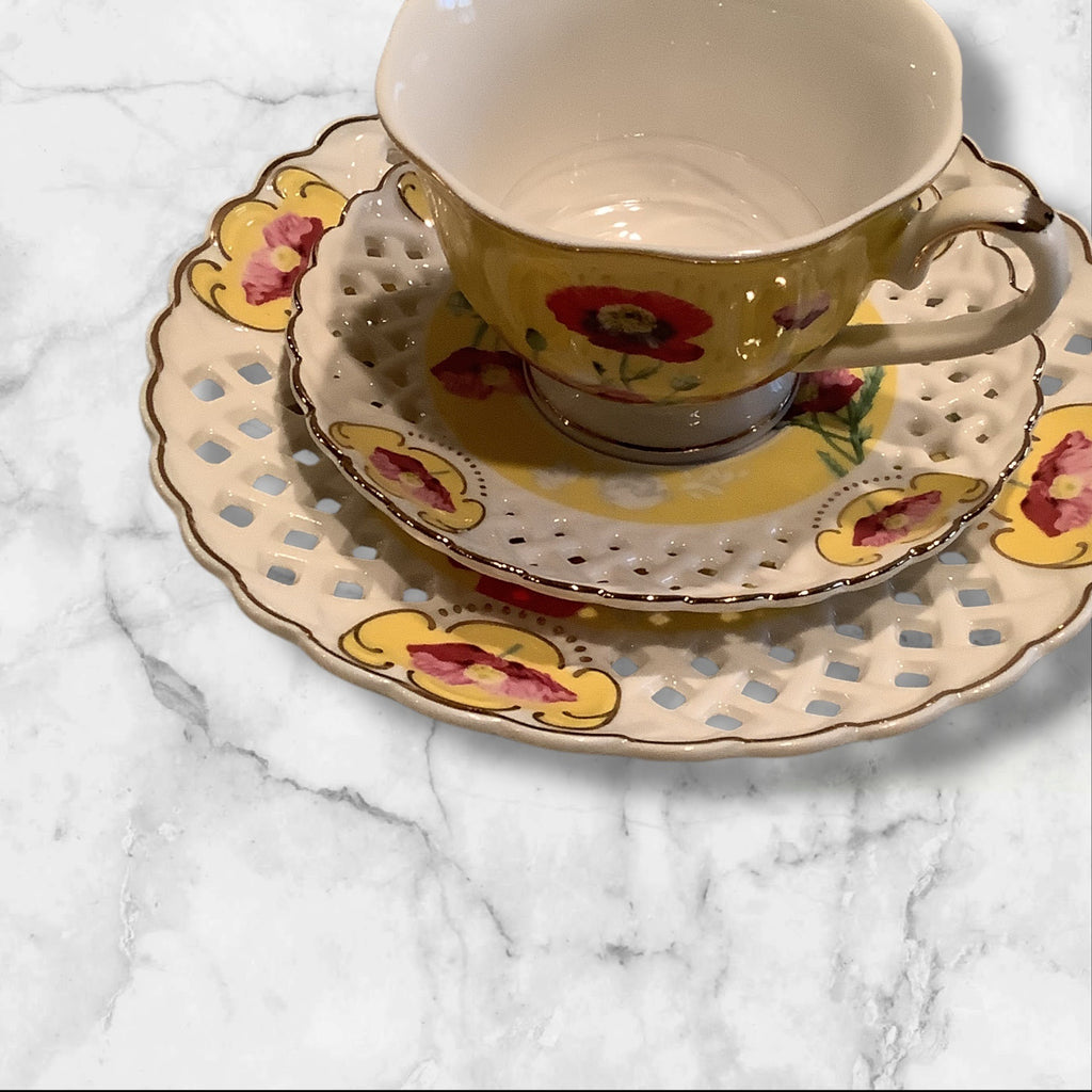 Grace Teaware Poppy Floral Cup & Lattice Saucer Set With Salad Plate 3pc Set
