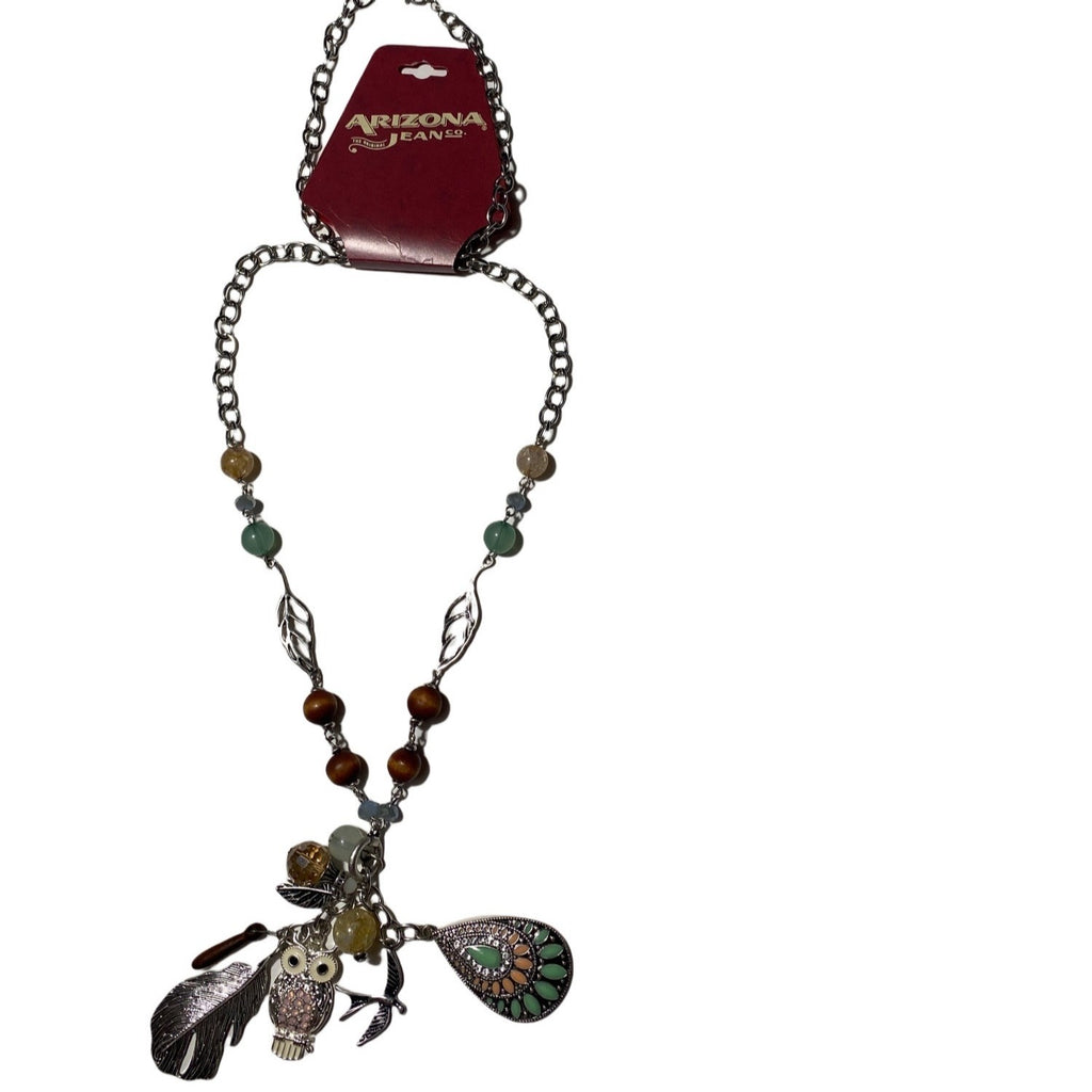 Arizona Jean Co. Fashion Necklace Owl & Leaf Charms Beaded Chain Multicolor 28"