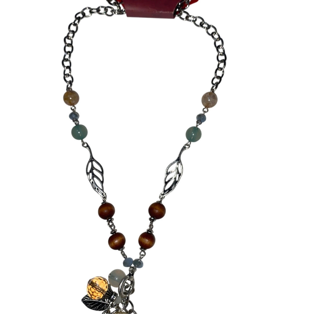 Arizona Jean Co. Fashion Necklace Owl & Leaf Charms Beaded Chain Multicolor 28"