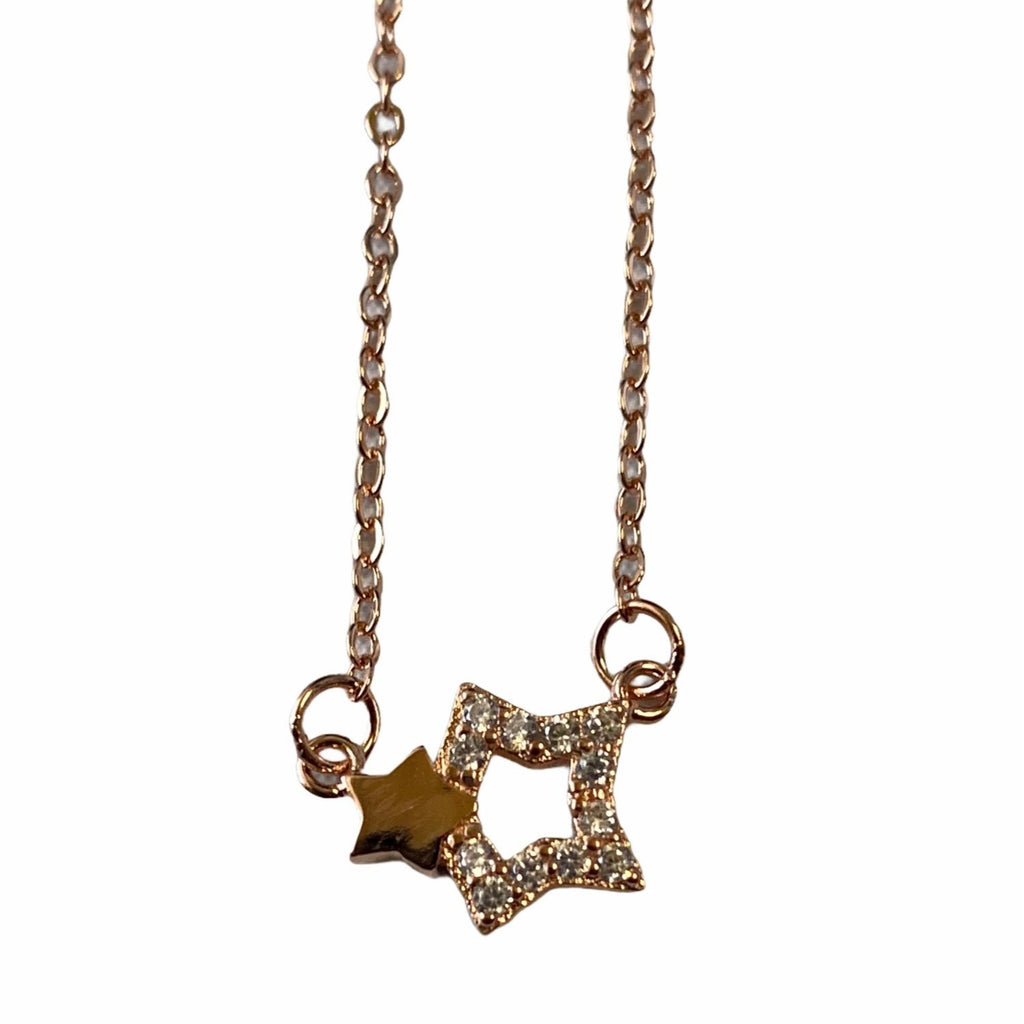 Two Star Rose Gold Necklace With Rhinestones Elegant Lightweight Pendant Jewelry