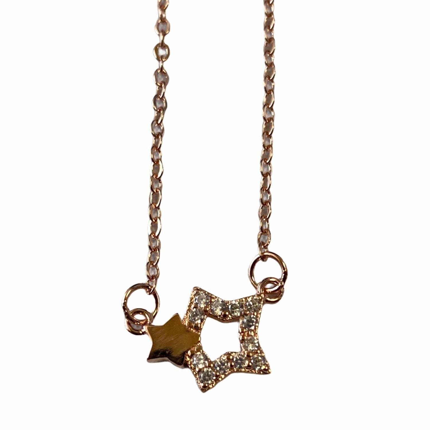 Two Star Rose Gold Necklace With Rhinestones Elegant Lightweight Pendant Jewelry