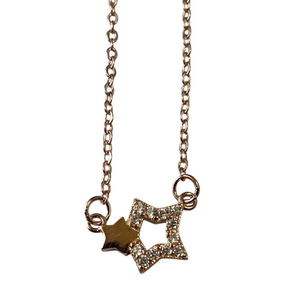 Two Star Rose Gold Necklace With Rhinestones Elegant Lightweight Pendant Jewelry