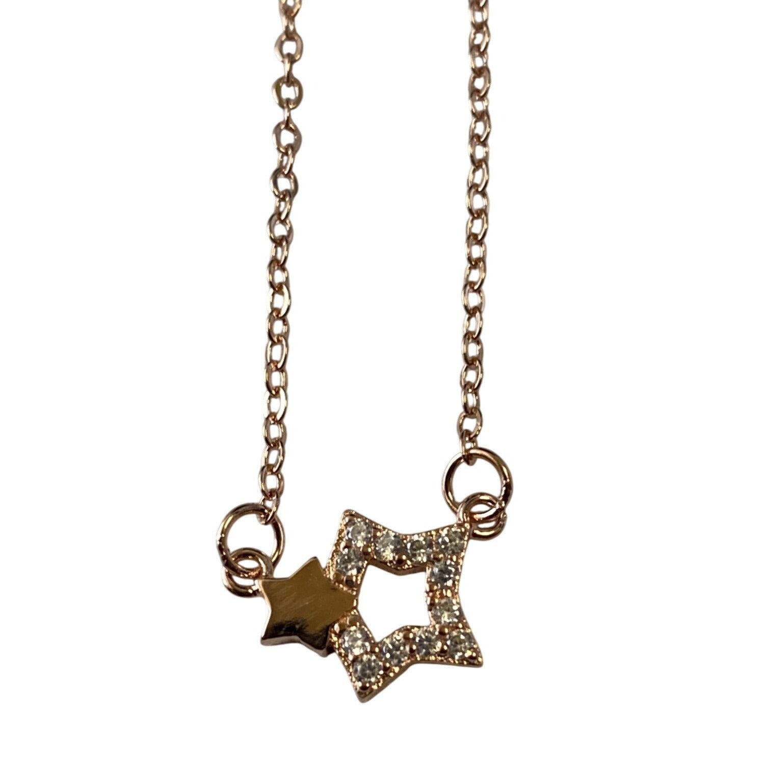 Two Star Rose Gold Necklace With Rhinestones Elegant Lightweight Pendant Jewelry