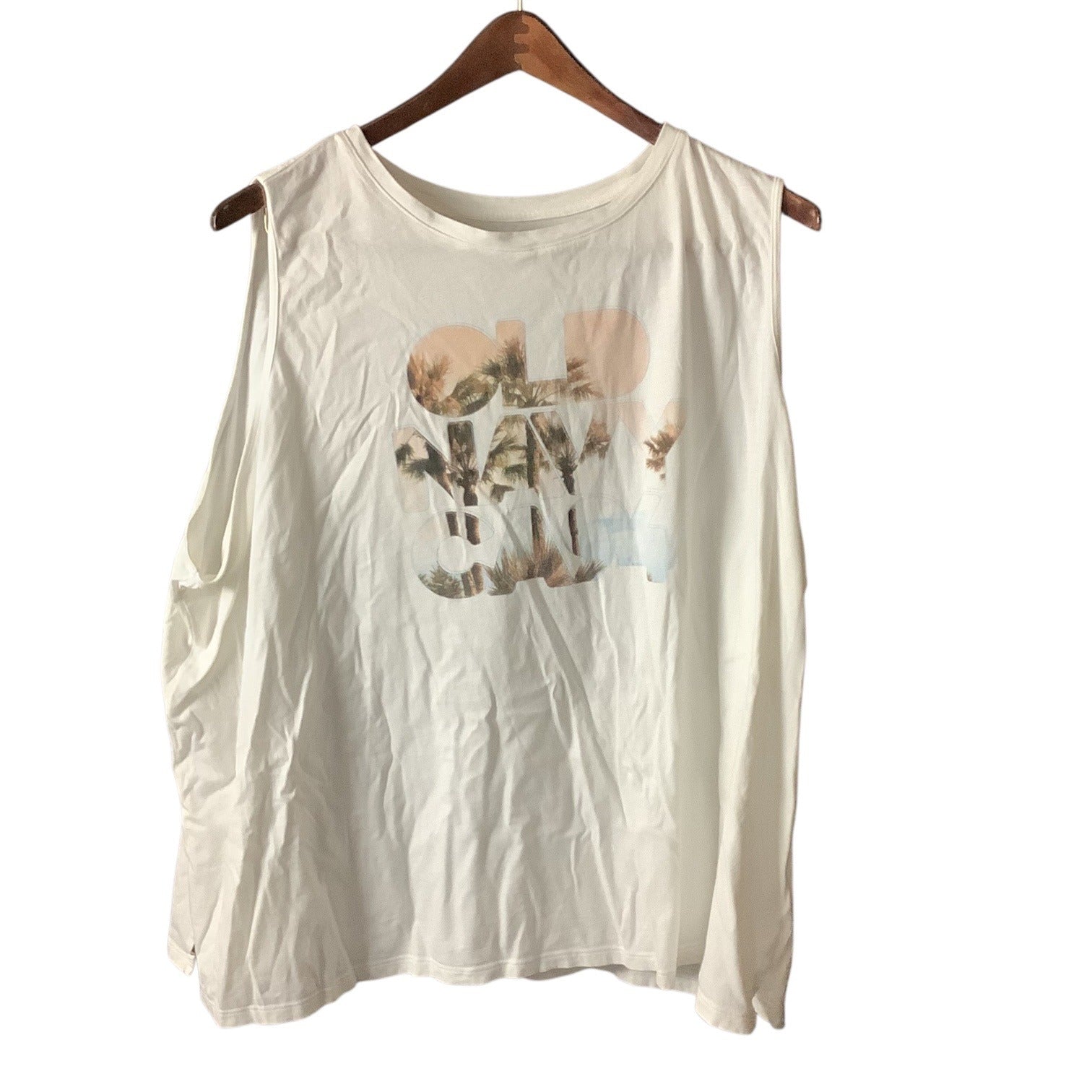 Old Navy Womens Graphic Tank Top Size 4X White Palm Tree Print Sleeveless